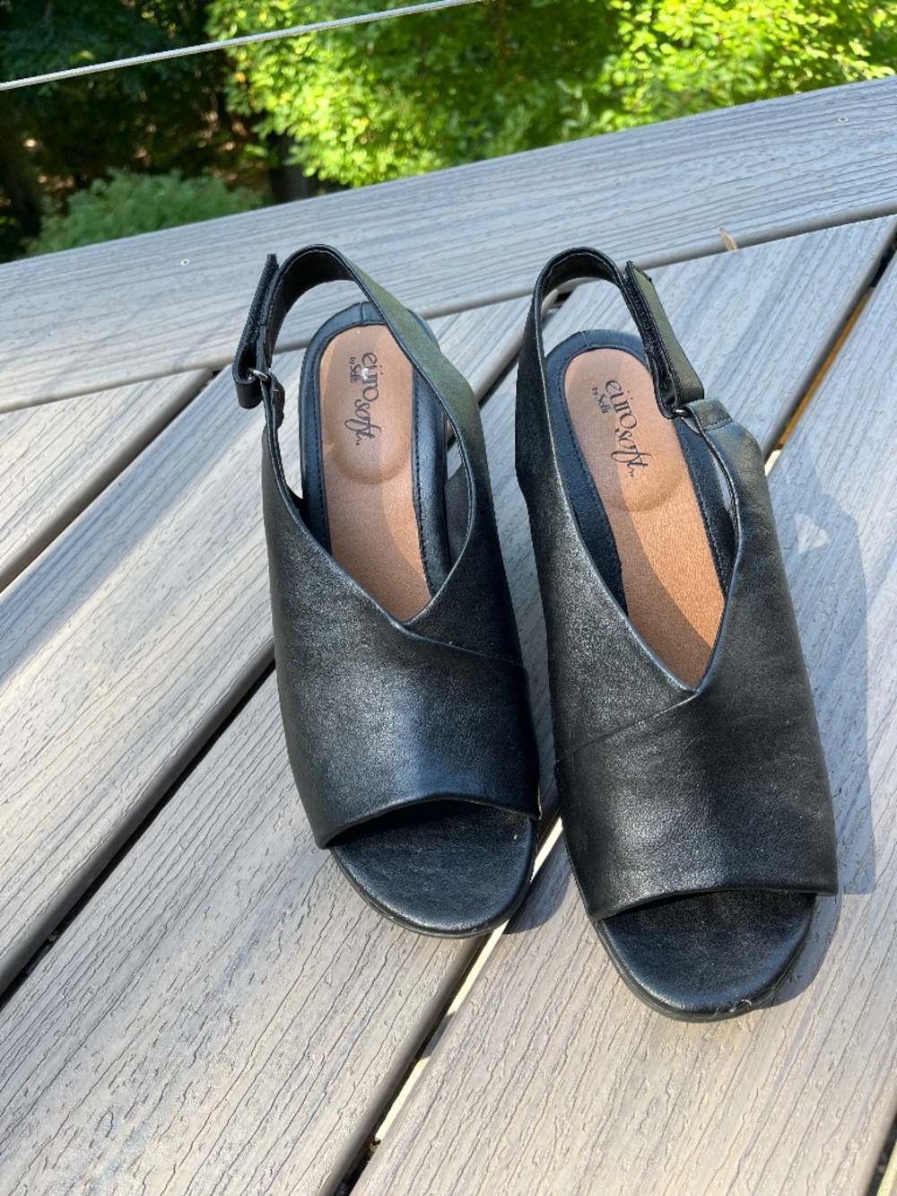 Black open toe sling back heels, size 10, like new